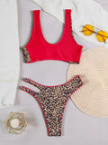 sexy leopard print patchwork cross bikinis sets two pieces hollow out thong swimsuits bathing suit swimwear biquini bakini