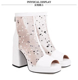 White Polka Dot Mesh Peep Toe Chunky Block Heel Platform Back Zipper Ankle Sandal Boots for Women
