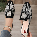 NASBAVI Fashion 3d Embroidery Mules Women Fur Slippers Velvet Shoes Ladies Low Heel Flower Decoration Sandals Women's Flip Flops
