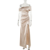 Elegant Satin Solid Color Off-Shoulder Women's Long Dress Sexy High-Waisted Flim Slit Pleated Dress for Lady Party Wedding