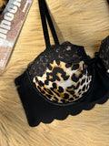 Sexy hot Lace trim spliced with leopard print bra Underwire Support & Wavy Scalloped Edge Push up bra Women's bra