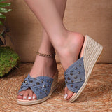 Fashion Denim Chunky Wedge Sandals Women 2025 Rivets Decor High Heels Slippers Woman Peep Toe Thick Bottom Sandles Plus Size 43