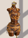 New Coffee Tie Dye Gradient Bikini Set 2026 Swimwear Women Metal Flower Push Up Cover Up Drawstring Side Skirt 4 Piece Swimsuit