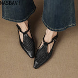 New Design Women T-Strap Sandals Square Toe Flats Buckle Breathable Mesh Casual Soft Leather Daily OL Shoes Plus Size 41 42 43