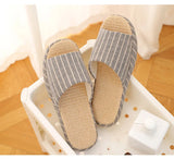 Breathable Linen Slippers For Women Men Summer House Shoes Striped Design Soft Sole Anti-Slip Couples Home Floor Cotton Slides