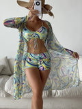 New Sexy 3 Pieces Suit for Women Neck Hanging Bikini Set+Cover-up Swimwear Sunproof Tankini High Waist Shorts Swimsuit Beachwear