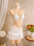 Vintage White Floral Embroidery Bikini Set 2026 Women 3D Flower Push Up Bra Pleate Skirt 3 Piece Swimsuit Bathing Suit Swimwear