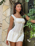 Foridol Bowknot Smocked White Short Dress Women Summer Cotton Mini Sleeveless Tank Sundress Beach Chic Buttons Dress for Petite
