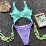 Sexy Splicing Tummy Cut Out Female Swimwear One Piece Swimsuit Women Tassel Monokini Bather String Bathing Suit Swim Bodysuit