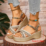 Summer Golden Wedge Heel Sandals Women Fashion Ankle Buckle Chunky Platform Sandles Woman Plus Size Thick Sole Gladiator Sandals