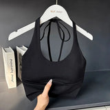 Women's Halter Neck Sports Bra Vest Slimming Tube Top for Yoga Gym Running Beautiful Back Sling Design One Cup Gathered Summer F