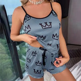 Summer Y2K Cute Cartoon Crown Print Sleepwear Women 2Pcs Crop Top and Shorts Pajamas Set Loungewear Sexy Pyjamas