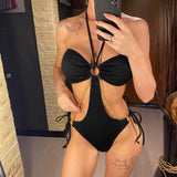 Sexy Ribbed Halter Metal Chains One Piece Swimsuit Women Swimwear Female Monokini High Leg Cut Bather Bathing Suit Swim V4572