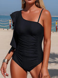 2026 Ruffle Swimsuit Women One Piece Shoulder Padded Swimwear Female Solid Bathers Bathing Swimming Swim Suit XL