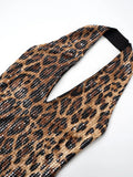 Sexy Halter Neck Off Shoulder Leopard Print Mini Dresses for Women Sleeveless Backless Sequins Skinny Party Night Club Dress