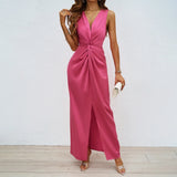 Evening Party Dress For Womens Summer Elegant Formal Dresses Sexy Sleeveless Deep V Neck Pleated Long Vestidos With High Split