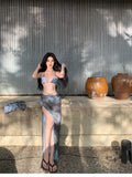 Korean Swimsuit 2025 Women Sexy Black Tie Dye Long Sleeve Cover Up  Long Skirt 4 Piece Bikini Set Bathing Suit Vacation Swimwear