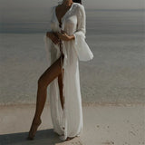 Women's V Neck Ruffled Long Sleeve Dress Chiffon Tunic Beach Cover Up Cover-ups Beach Dress Sunscreen Beachwear Vacation V5976B