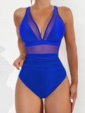 S - XL New Sexy Mesh Sheer V Neck Women Swimwear One Piece Swimsuit Female High Leg Cut Monokini Bather Bathing Suit Swim V5136