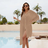 Solid Color Women Cover-ups Cotton Shirt Swimsuit Loose Fitting Robe Beach Vacation Single-breasted Sunscreen Clothing 2026 New
