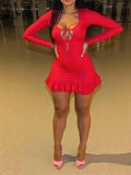Red Long Sleeve Mini Dress Tie Front Design Ruffled Hem Bodycon Elegant Party Wear Seductive Fashionable For Women Dress J80L