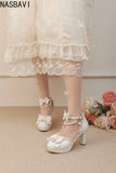 Women Girls Mary Janes 9cm High Heel Ankle Strap Pumps Sweet Chunky Buckle Princess White Sandals New Summer Large Size 33-48