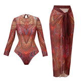 XS - XXL Printed Long Sleeve With Sarong Women Swimwear One Piece Swimsuit Female High Leg Cut Bather Bathing Suit Swim V7136