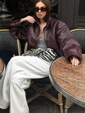 Foridol Wine Red Vintage Faux Leather PU Coat for Women Long Sleeve Turn Down Collar Zipper Autumn Winter Coat Jacket