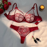 WineRed French-style floral embroidery lace lingerie set, sexy see-through padded support, Valentine's Day party ZA824057
