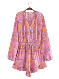 Long Sleeve Spring Summer Short Jumpsuit Women Printed Bohemian Wide Leg Playsuit Female Romper Ruffles Rayon Boho Overalls 2025