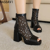 White Polka Dot Mesh Peep Toe Chunky Block Heel Platform Back Zipper Ankle Sandal Boots for Women