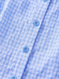 Women Plaid Shirts Button Down Puff Short Sleeve Lapel Neck Tops Fashion Slim Fit Ruffle Trim Blouses Summer