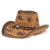 Women Cowboy Hat Creative Curled Straw Hollow Design Ethnic Style Beads Chain Decoration Shade Straw Hat Summer Sun Cap