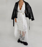 Sexy Deep V-neck Sleeveless Lace Dress Streetwear Women 2026 Backless Tunics A-line Party Dresses Long Maxi Robe Black White