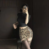 Straw-baby Girl Sexy Hot Girl Slim-fit Short-sleeve Top Elegant Leopard Print Sequin Short Skirt Slimming And Stylish Charm 5V05