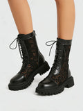 2026 New Big Size 45 Chic Black Lace Mesh Summer Boots Women Round Toe Square Heels Shoelace Zip-up Mid-calf Boots Shoes