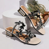 Luxury Crystal Butterfly Sandals for Women Summer Hollow Out Square Heels Sandals Woman Elegant Med Heel Party Shoes Plus Size