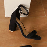 Beige Suede Ankle Strap Block Heel Sandals for Women, Round Open Toe with Rhinestone Accent, Multiple Colors Available