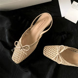 Woven Bow Back Strap Design Sandals Women's Summer New Square Head Shallow Mouth Single Shoe Comfortable Elegant Cool Pumps