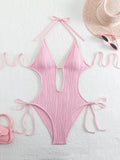 Sexy Halter V Neck Wrinkled Female Swimwear One Piece Swimsuit Women Backless Monokini High Leg Cut Bathing Suit Swim Beach Wear