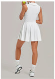 Summer Women Solid Tennis Dresses Sleeveless Turn Down Collar Pleated Skirts with Detachable Pocket Shorts Slim Yoga Golf Dress