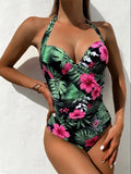 New Printed Conservative One-Piece Halter Neck Swimsuit Sexy Hard Bag Fashionable Holiday Beachwear High Waist Tie-Back Style