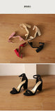 Beige Suede Ankle Strap Block Heel Sandals for Women, Round Open Toe with Rhinestone Accent, Multiple Colors Available