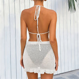 Sexy Halter Hollow Out Beach Skirt Bikini Female Swimsuit Women Swimwear Two-pieces Bikini set Bather Bathing Suit Swim K6782