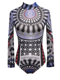 Women Mesh Bodysuits Vintage Ethnic Printed Long Sleeve Leotard Body Top See Through Sexy Club Overalls Shirts