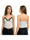 Women Retro Stylish Camis Dots Print Lace Trim Sleeveless V Neck Slim Fit Tank Tops Spaghetti Strap Vest Summer Daily Casual