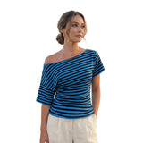 Women Elegant Summer Off One Shoulder Tops Striped Short Sleeve Loose Fit Basic T Shirts for Daily Wear