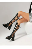 Plus Size Women Black Patent Matte Leather Lace Up Knee High Boots Peep Toe Platform Block Heel Back Zip Gothic Y2K Party Heels