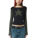 Early Autumn Punk Style Slim Fit T-shirt Women Long Sleeve Crew Neck Star Stripes Patchwork Ladies Tops for Casual Daily