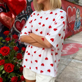 Summer T-Shirt Women Casual Loose Fit Stylish Love Heart Print Crew Neck Short Sleeve Tops